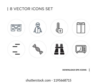Collection of 8 simple icons such as Microwave, Binoculars, Dna, Lines, Shirt, Thermometer, Group, House, universal set for web and mobile