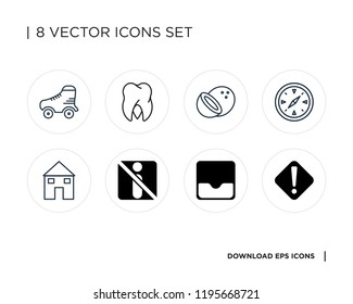 Collection of 8 simple icons such as Warning, Pothole, Information, House, Compass, Coconut, Tooth, Roller, universal set for web and mobile