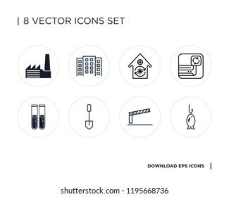 Collection of 8 simple icons such as Fishing, Stretching, Rotate, Alchemy, Air conditioner, House, Building, Factory, universal set for web and mobile