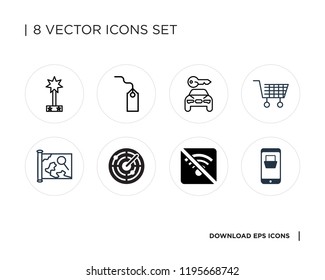 Collection of 8 simple icons such as Online shop, No wifi, Radar, Map, Mobile phone, Rent a car, Tag, Star, universal set for web and mobile
