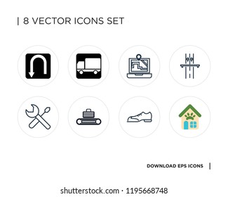 Collection of 8 simple icons such as Pet shop, Shoes, Conveyor, Screwdriver, Highway, Map, Truck, U turn, universal set for web and mobile