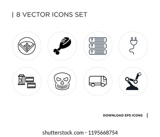 Collection of 8 simple icons such as Robot arm, Truck, Skull, Film roll, Plug, Questions, Chicken leg, Field, universal set for web and mobile