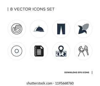 Collection of 8 simple icons such as Paint palette, Map, Notepad, Tablet, Corn, Trousers, Dish, Glove, universal set for web and mobile