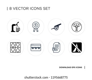 Collection of 8 simple icons such as No camping, Mkv, Browser, Cmyk, Cup, Cannon, Prize, Tap, universal set for web and mobile