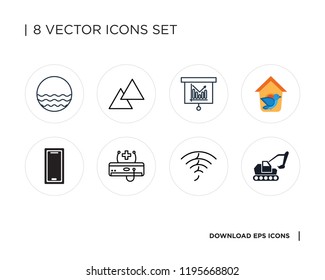 Collection of 8 simple icons such as Excavator, Wifi, Air conditioner, Smartphone, Bird house, Bar chart, Triangle, Waves, universal set for web and mobile