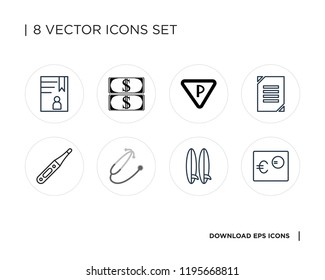 Collection of 8 simple icons such as Euro, Surfboard, Stethoscope, Thermometer, Browser, Parking, Money, Accounts, universal set for web and mobile