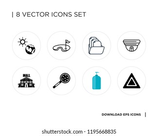 Collection of 8 simple icons such as Yield, Shampoo, Ecology, Mall, Cctv, Folder, Golf, Sunrise, universal set for web and mobile