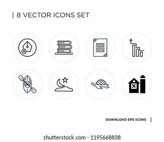 Collection of 8 simple icons such as Barn, Tortoise, Night, Rafting, Graphic tablet, Clipboard, Library, Pen, universal set for web and mobile