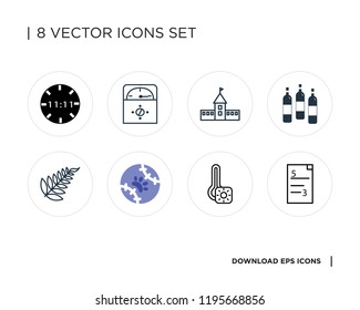 Collection of 8 simple icons such as Exam, Thermometer, Tennis, Leaf, Wine bottle, University, Screen, Digital clock, universal set for web and mobile