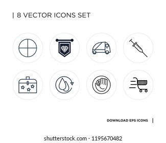 Collection of 8 simple icons such as Cart, Catcher, Water cycle, Briefcase, Syringe, Truck, Standard, Windows, universal set for web and mobile