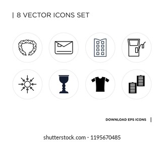 Collection of 8 simple icons such as Clipboard, Shirt, Goblet, Compact disc, Gas station, Tablet, Mailbox, Intestines, universal set for web and mobile
