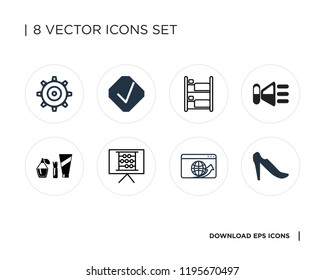 Collection of 8 simple icons such as High heel, Browser, Abacus, Cosmetics, Speaker, Bunk, Checked, Settings, universal set for web and mobile