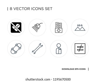 Collection of 8 simple icons such as Is not equal to, User, Wrench, Skateboard, Rainy Landscape, Medical records, Shower, No drugs, universal set for web and mobile