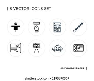 Collection of 8 simple icons such as Air conditioner, Buggy, Tripod, Brochette, Calculator, Ointment, Scarecrow, universal set for web and mobile
