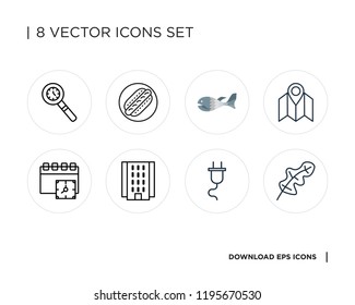 Collection of 8 simple icons such as Leaf, Tablet, Flash Apartment, Event, Map, Fish, Hot dog, Clocks, universal set for web and mobile