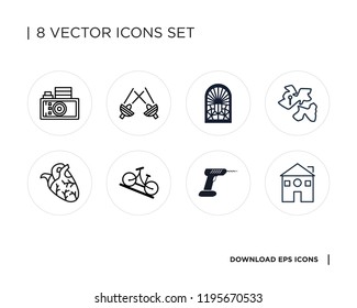Collection of 8 simple icons such as Home, Drill, Bike, Heart, Africa, Stained glass window, Spotlight, Gallery, universal set for web and mobile