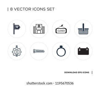 Collection of 8 simple icons such as Battery, Diamond ring, Saw, De, Basket, Closed, Hospital, Standard, universal set for web and mobile