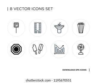 Collection of 8 simple icons such as Fan, Analytics, Popsicle, Stop, Popcorn, Sink, Laptop, Parking, universal set for web and mobile