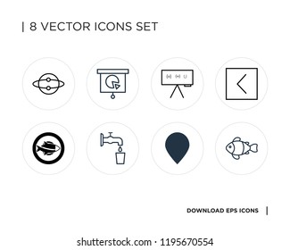 Collection of 8 simple icons such as Clown fish, Placeholder, Water, Pipe, Is less than, Calculator, Presentation, Idea, universal set for web and mobile