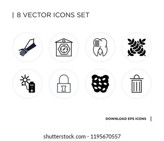 Collection of 8 simple icons such as Trash, Mind, Padlock, Solar panel, Wheat, Molar, Clocks, Gauntlet, universal set for web and mobile