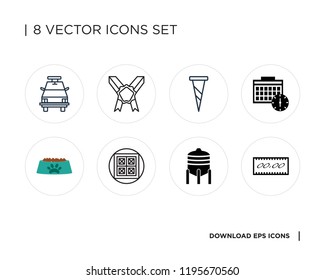 Collection of 8 simple icons such as Digital clock, Fermentation, Base, Bowl, Alarm Computer, Ribbon, Police car, universal set for web and mobile