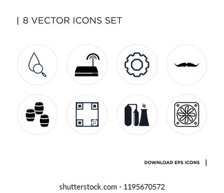 Collection of 8 simple icons such as Fan, Refinery, Qr code, Barrel, Moustache, Responsive, Wifi, Drop, universal set for web and mobile