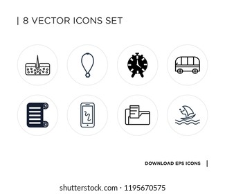 Collection of 8 simple icons such as Windsurf, Folder, Smartphone, Scroll, Bus, Clock, Necklace, Epidermis, universal set for web and mobile