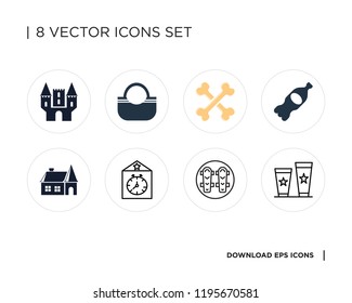 Collection of 8 simple icons such as Popcorn, Shin guards, Big ben, House, Soft drink, Bones, Handbag, Castle, universal set for web and mobile