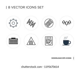 Collection of 8 simple icons such as Coffee cup, Calculator, Calendar, Trees, Ticket, Settings, universal set for web and mobile