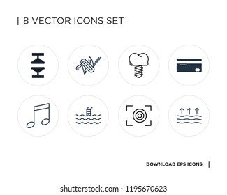 Collection of 8 simple icons such as Evaporation, Focus, Swimming pool, Audio, Implants, Multitool, Machine press, universal set for web and mobile