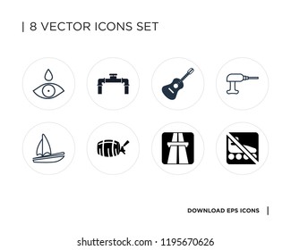 Collection of 8 simple icons such as No skating, Highway, Barrel, Sail, Mobile phone, Guitar, Pipe, Drop, universal set for web and mobile