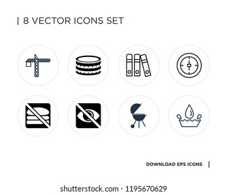 Collection of 8 simple icons such as Water, Barbecue grill, Privacy, No fast food, Stop watch, Open book, Drum, Resize, universal set for web and mobile