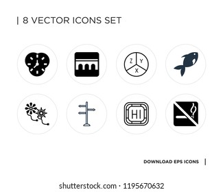 Collection of 8 simple icons such as No smoking, High, , Gas station, Fish, Equation, Bridge, Hourglass, universal set for web and mobile