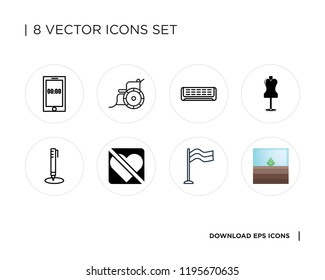 Collection of 8 simple icons such as Terrarium, Flag, Lovemaking, Pencil, Mannequin, Air conditioner, Wheelchair, Smartphone, universal set for web and mobile