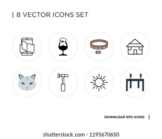 Collection of 8 simple icons such as Table, Sun, Landing page, Cat, Bungalow, Collar, Pint beer, Ebook, universal set for web and mobile