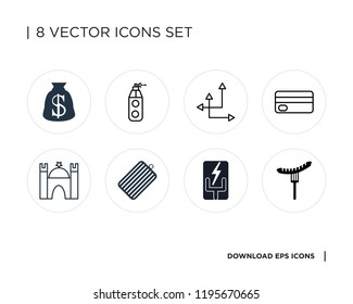 Collection of 8 simple icons such as Sausage, Electricity, Cutting board, Castle, Payment, Crop, Paint tube, Money bag, universal set for web and mobile
