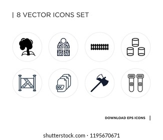 Collection of 8 simple icons such as Blood sample, Axe, Document, Map, Cylinder, Train, Stained glass, Tree, universal set for web and mobile