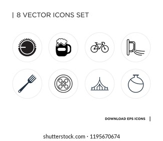 Collection of 8 simple icons such as Canteen, Camping, Ball, Fork, Air conditioner, Bicycle, Pint beer, Volume control, universal set for web and mobile