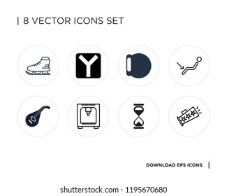 Collection of 8 simple icons such as Megaphone, Hourglass, Printer, Lute, Air conditioning, Bracelet, Intersection, Ice skating, universal set for web and mobile
