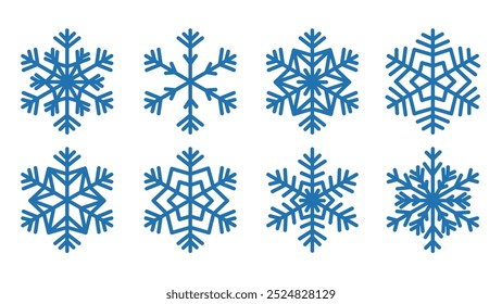 Una colección de 8 iconos de copo de nieve.