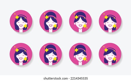 Collection of 8 social media icon set of glamorous women portrait in different hairstyles in bright hot pink