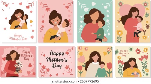 Collection of 8 square vector illustrations celebrating Happy Mother's Day. Features loving mothers with children, flowers and hearts. Ideal for greeting cards and social media posts.