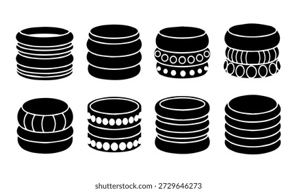 Collection of 8 stacked bracelet and bangle icons, minimalist black and white vector design