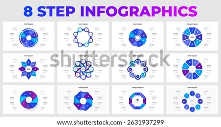 Collection of 8 Step Infographic Templates for Business and Presentation Design. Ideal for visualizing eight step processes, business strategies, and presentation concepts