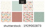 Collection of 8 stylish modern basic pastel color patterns. Seamless texture with a floral pattern, dotted, squared, with hearts, abstract and with emoticons. Textures for fabrics, paper