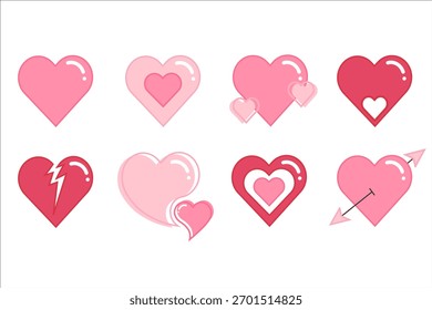 Una colección de 8 iconos de corazón de Vector dulce en tonos de rosa y rojo, con diversos diseños como corazones anidados. El estilo es limpio, moderno y adecuado para interfaces digitales o Diseño gráfico.