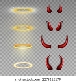 Collection of 8 three dimensional shiny golden nimbus and red devil horns. Vector realistic glossy daemon horns and halo, angel ring isolated in transparent background. Carnival, masquerade elements