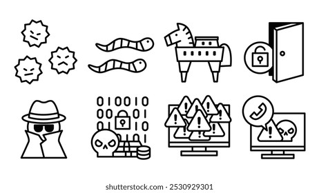 Uma coleção de 8 tipos de ícones de malware.