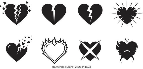 A collection of 8 unique black and white heart illustrations representing broken hearts, love, and heartbreak on Valentine's Day