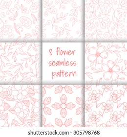 Collection of 8 vector flower seamless pattern. Pink cute prints. 